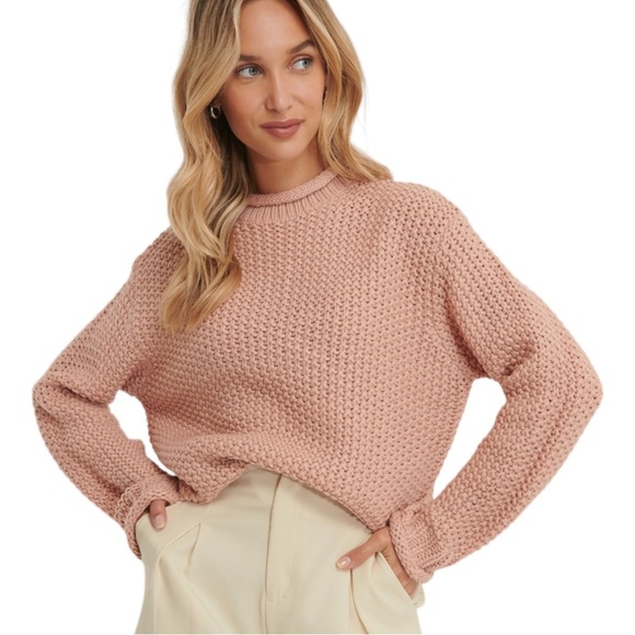NA-KD Sweaters - NA-KD Pale Pink Cropped High Neck Chunky Waffle Knit Oversized Pullover Sweater